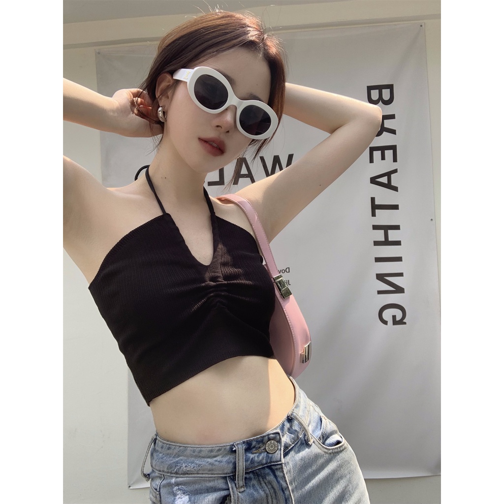 HUANG YOYO Áo Croptop Hai Dây Màu Sắc Trơn Phong Cách Hàn Quốc Gợi Cảm