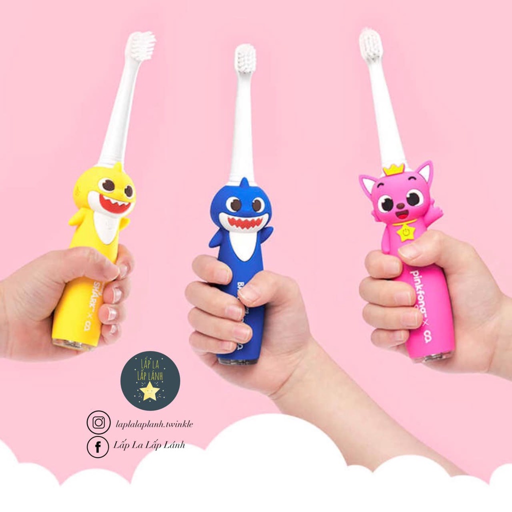 Bàn chải điện sóng âm Pinkfong Baby Shark Hàn Quốc gồm 1 thân bàn chải + 3 đầu chải + cáp sạc, bàn chải đánh răng cho bé