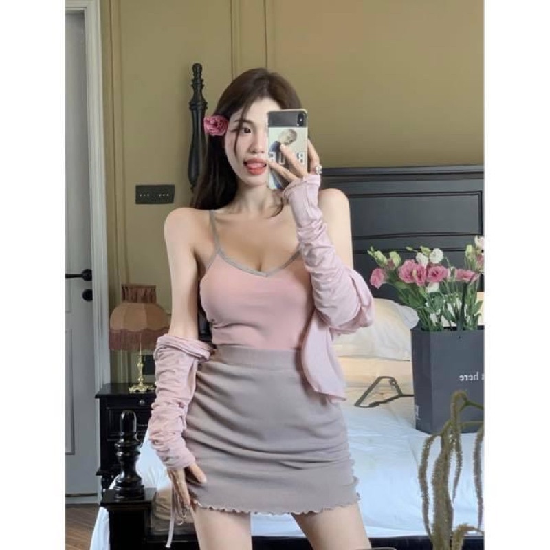 Set áo kiểu hai dây thun trơn kèm áo khoác cardigan tay dài mỏng và chân váy ngắn ôm body thun co dãn - Order taobao