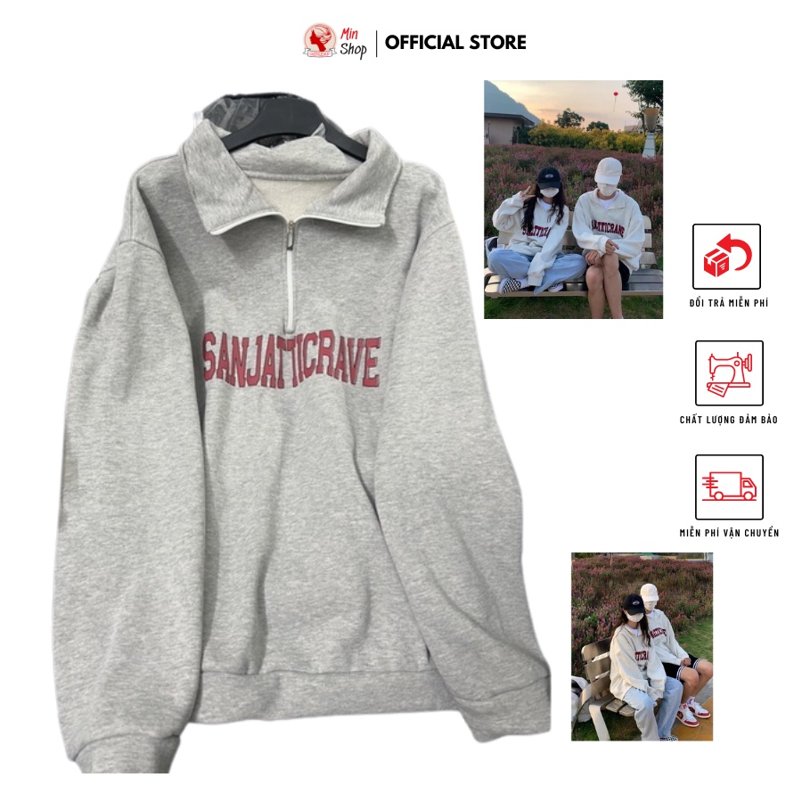 Áo Nỉ Polo Phối Khóa Cổ SanJat Unisex  Sweater form rộng tay bồng màu xám phối chữ đỏ vintage hàn quốc