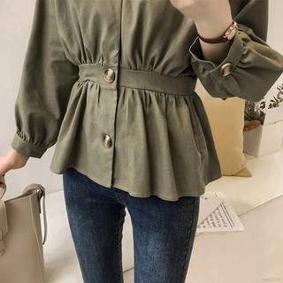 Áo sơ mi cài nút bo eo cổ V cho nữ