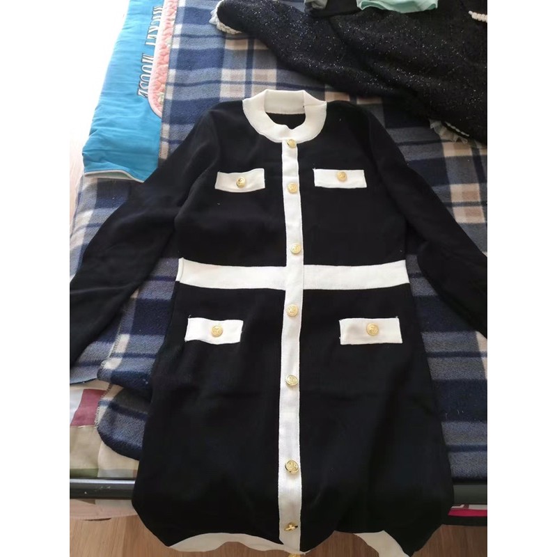 Váy len cúc body viền trắng đen