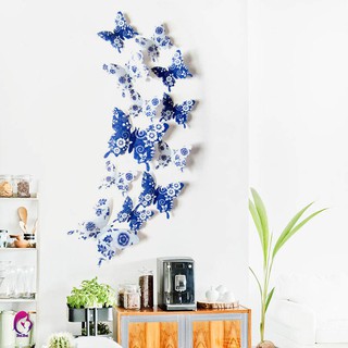♦♦ 12pcs 3D Wall Sticker Chinese Style Blue White Butterfly Decal Home Decor