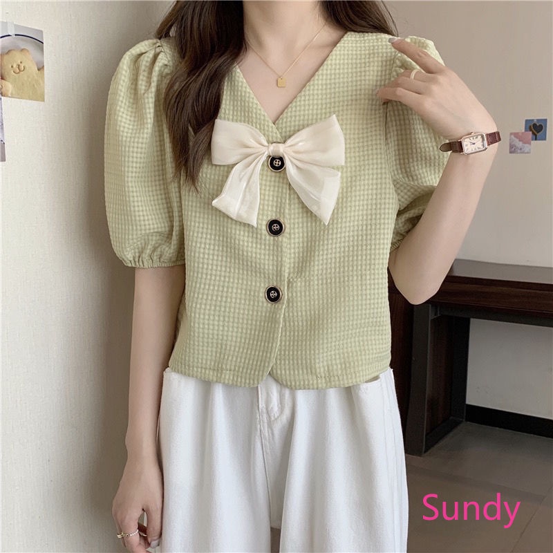 Áo Kiểu Tay Phồng Cổ Chữ V Thắt Nơ Họa Tiết Sọc Caro Thời Trang Mùa Hè