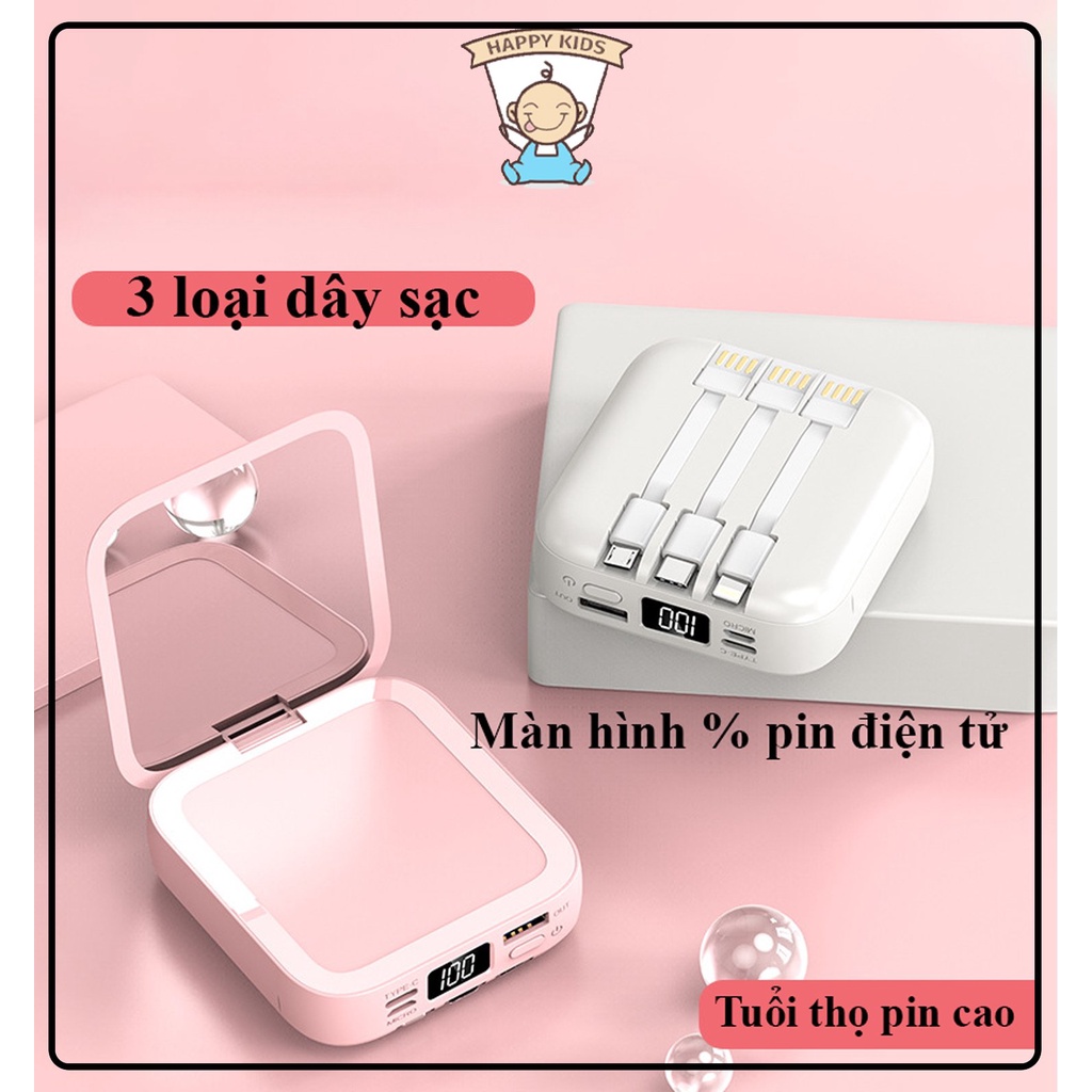 Sạc Dự Phòng MiNi Kèm3 dây sạc khác nhau, Kết hợp gương soi Siêu tiện lợi