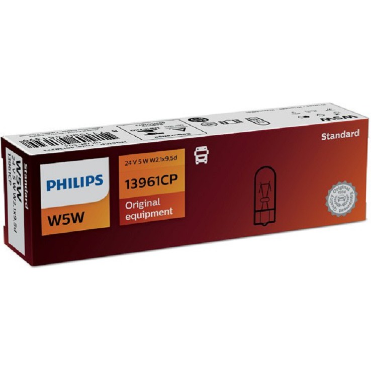 Philips W5W (T10) 13961CP - 24V/5W - Hộp 10 bóng (Đèn nội thất, tín hiệu hông, bảng điều khiển..)