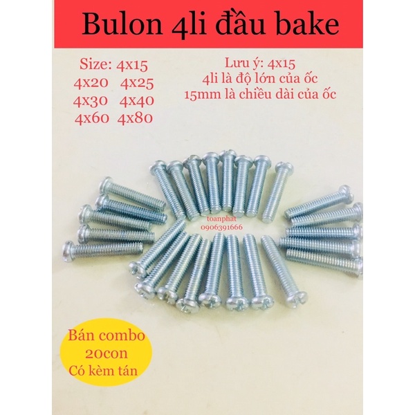 20 con Ốc tròn 4li-bulon M4 4li đầu bake đủ size