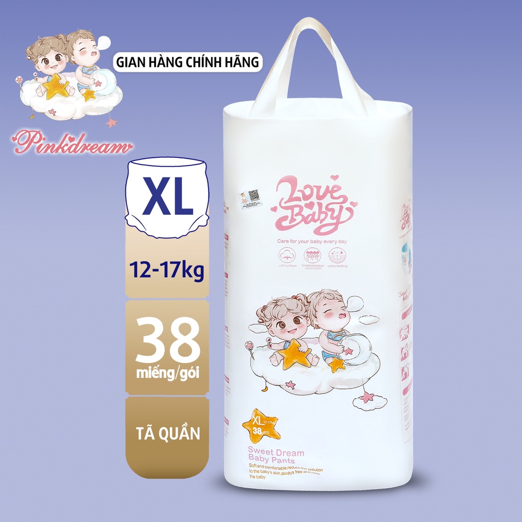 Tã/Bỉm quần hữu cơ PinkDream Love Baby size XL 38 miếng cho bé từ 12- 17kg