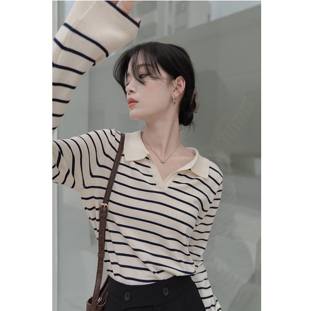Áo Sweater  len cổ polo nữ dài tay kẻ ngang,  Thun Dệt Kim Tay Dài Cổ Chữ V Dáng Rộng Hàn Quốc  sọc ngang | BigBuy360 - bigbuy360.vn