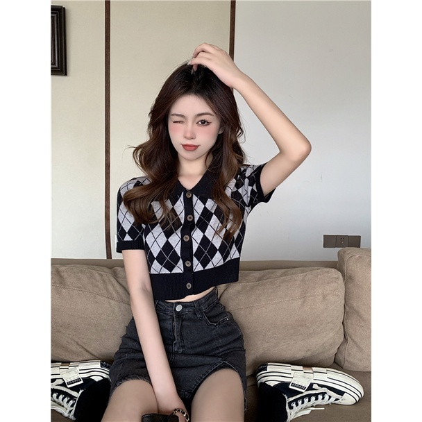 Xiaozhainv Áo Croptop Dệt Kim Họa Tiết Caro Phong Cách Vintage Thời Trang Mùa Hè Cho Nữ