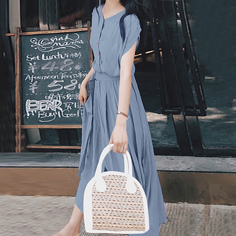 Đầm ZANZEA dáng dài tay ngắn cổ tròn màu trơn thời trang cho nữ