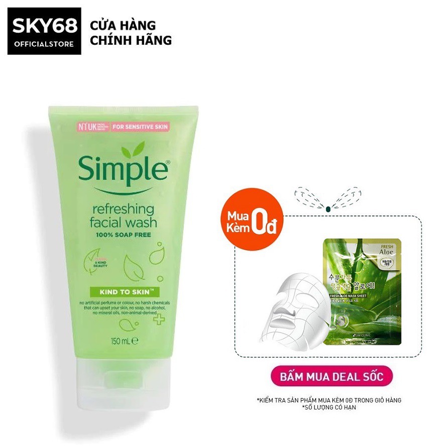 [Mới] Gel Rửa Mặt Simple Dịu Nhẹ Cho Da Nhạy Cảm Kind To Skin Refreshing Facial Wash 150ml