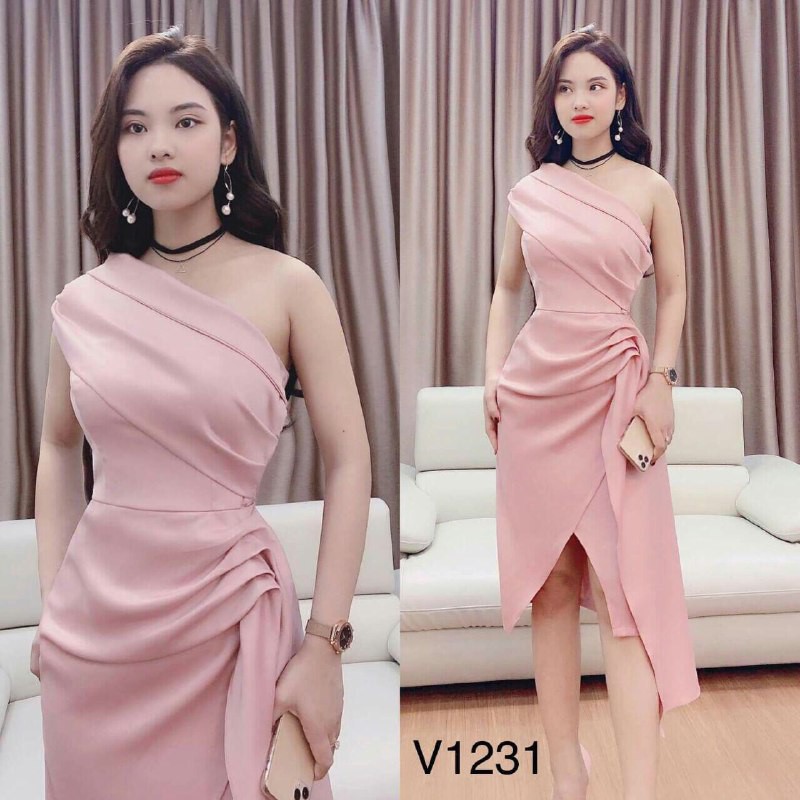 [ xả kho ] MiD Đầm xẻ tà lệch màu hồng bánh bèo V1231 Mie Design kèm ảnh thật