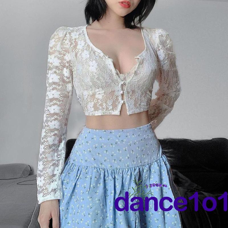 Áo croptop tay dài cổ chữ V phối ren quyến rũ dành cho nữ