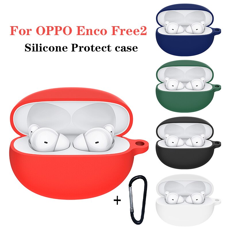 Vỏ Bảo Vệ Hộp Sạc Tai Nghe Oppo Enco Free 2 Bằng Silicon Màu Trơn Chống Trượt Kèm Móc Treo