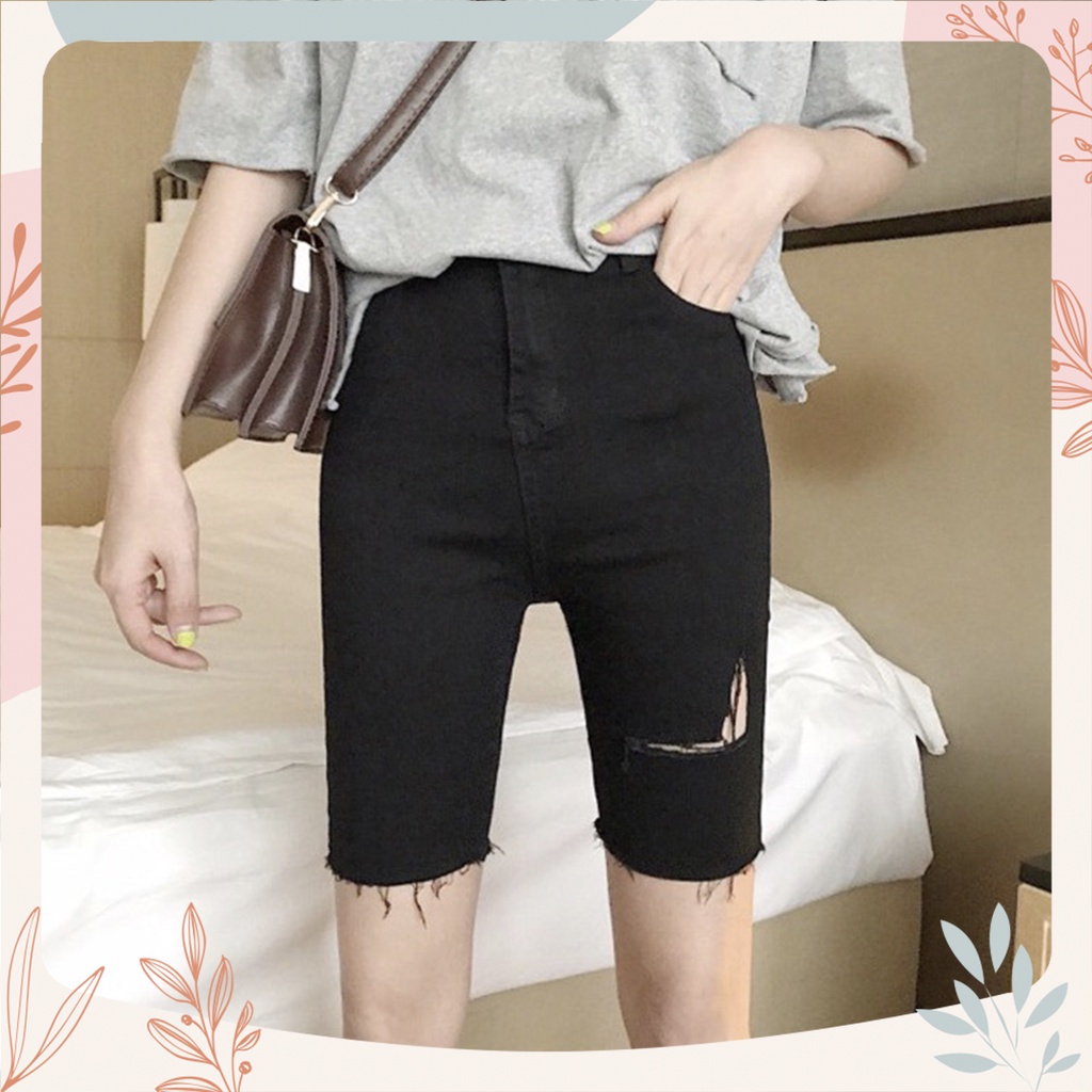 [Bigsize 58-90kg] Quần Lửng Jeans Đen Rách Đùi L, Lưng Cao, Co Giãn Mạnh