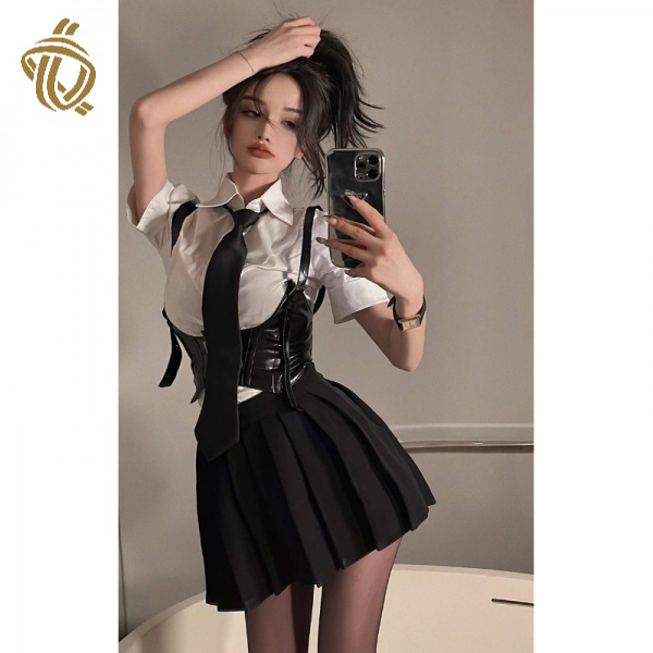 Pure Sexy polo short-sleeved tie shirt high waist pleated short skirt hot girls waist seal vest fashion suit