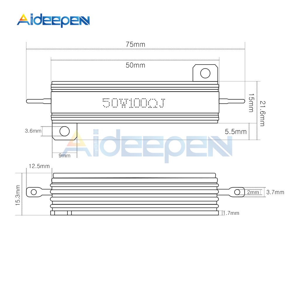 Điện trở vỏ nhôm 50w 5% 0.1~1k 0.1k 0.5 1 1.5 2 3 6 10 12 15 20 22 30 50 100 1k Ohm chất lượng cao