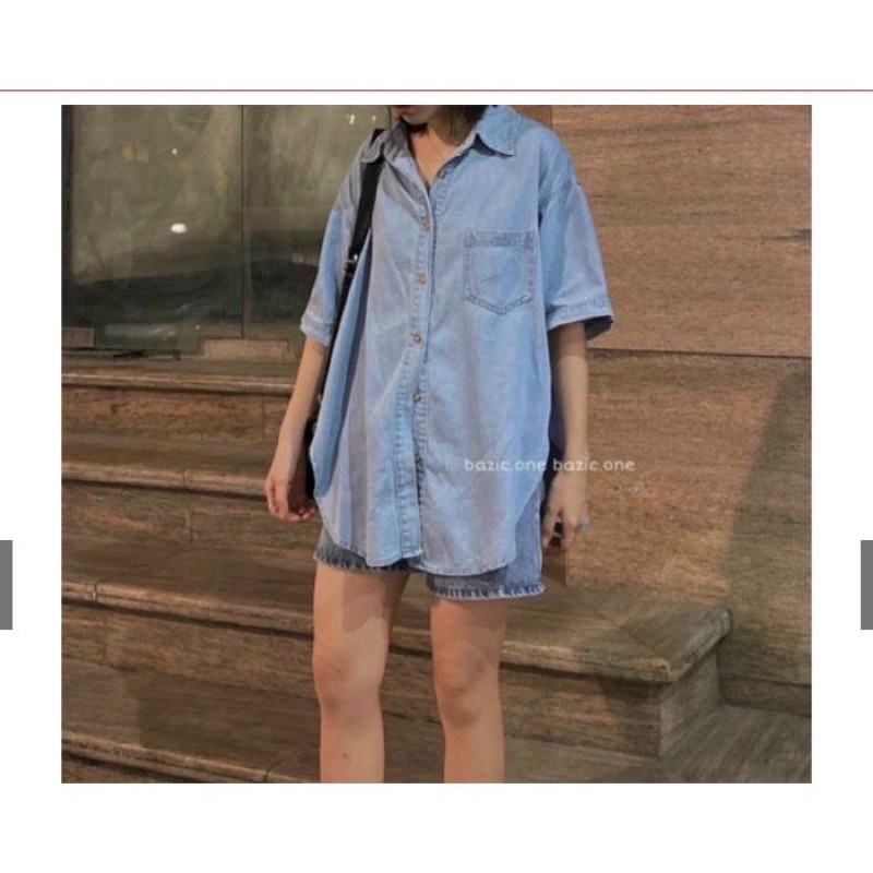Sơ mi bò trơn túi ngực Ngắn tay from rộng unisex-  Áo denim jean cộc tay dáng rộng đuôi tôm phong cách ulzzang hàn quốc