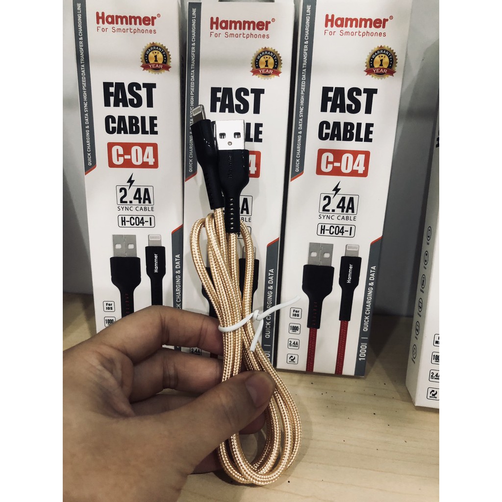 Ip-DÂY SẠC NHANH HAMMER C04 CHÍNH HÃNG, CHUÔI LIGHTNING 5V- 2.4A, CHÍNH HÃNG bảo hành 12 tháng