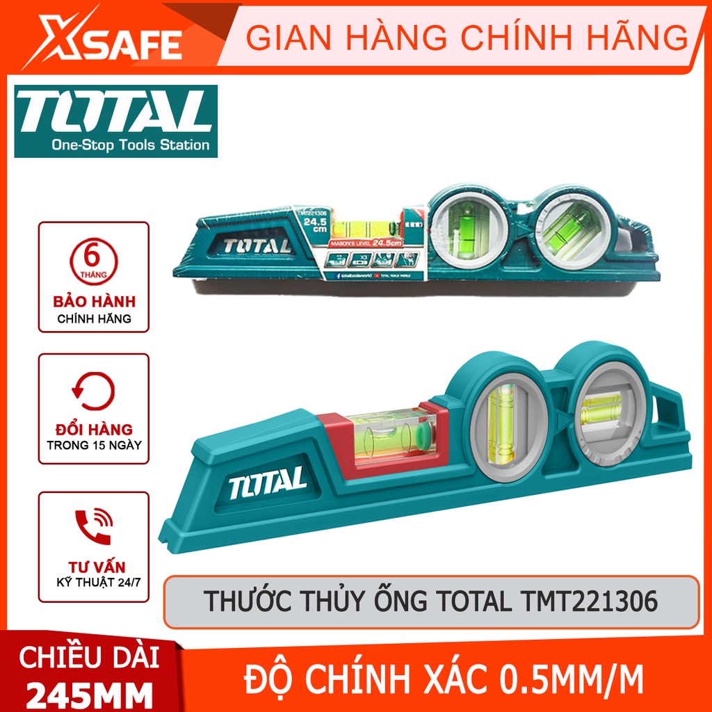 Thước thủy ống TOTAL TMT221306 Thước nivo dài 24,5cm, thân thước nhôm đúc nặng, chịu lực chịu nhiệt bền bỉ