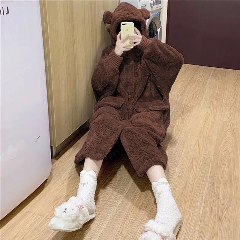 GRIZZ/Váy Ngủ Bông Mịn Gấu Nâu