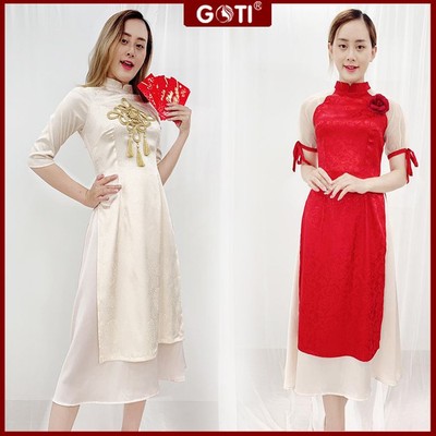 SALE LẺ SIZE  Áo Dài Cách Tân Gấm Tay Phồng Kiểu Áo Dài Du Xuân Mặc Tết Cao Cấp Kèm Cài Hoa GOTI 3137