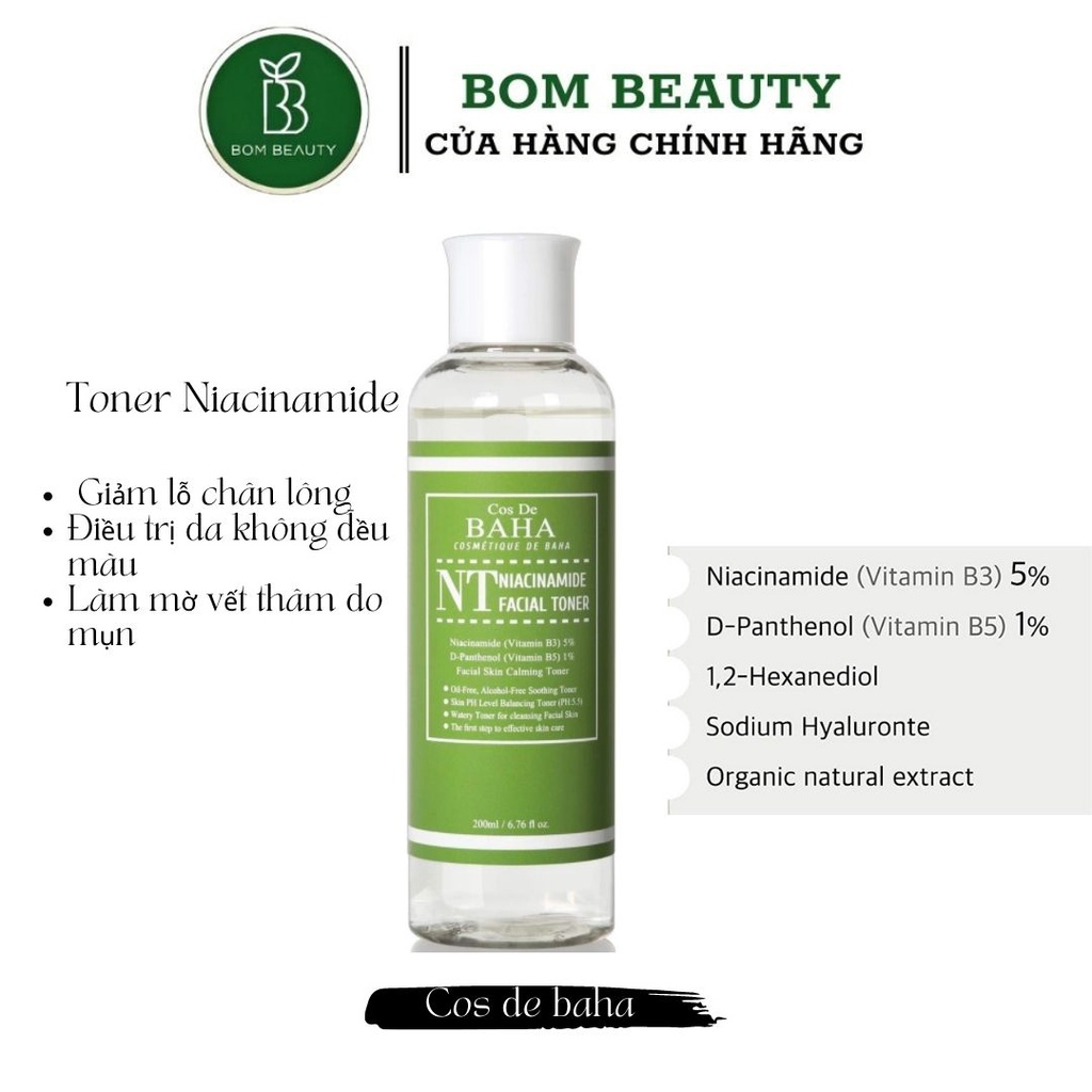 Nước hoa hồng thu nhỏ lỗ chân lông, làm mờ thâm, sáng da Niacinamide Toner Cos De Baha