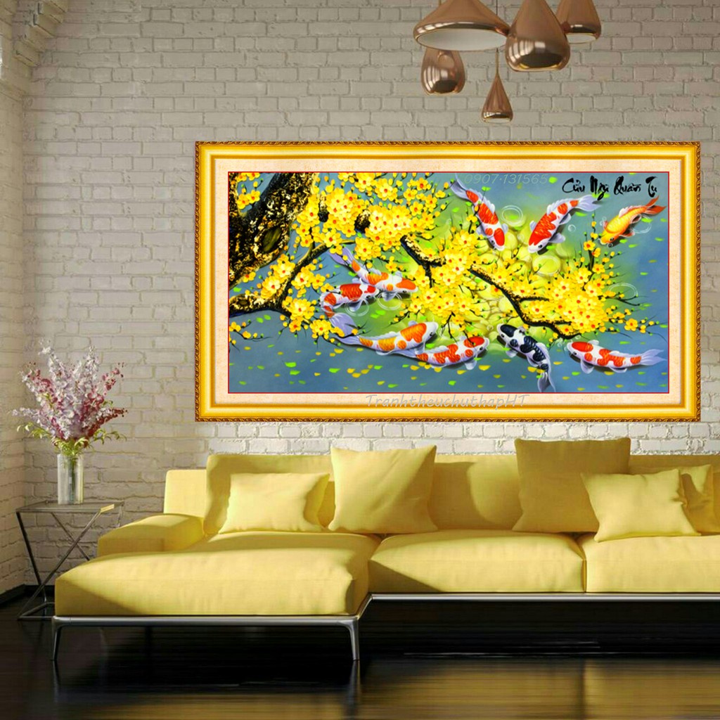 Tranh thêu cá cửu ngư quần hội KT:83x44cm,tranh chưa thêu.Tặng kéo và xỏ chỉ.