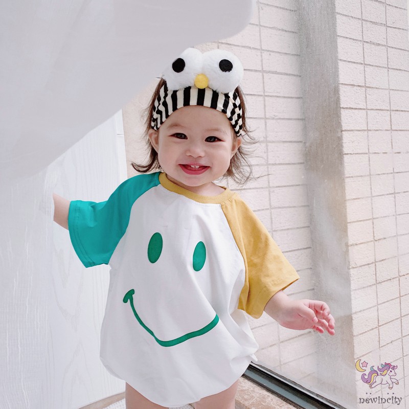 Bộ Áo Liền Quần Ngắn Tay Hình Mặt Cười Cho Bé Trai Và Bé Gái