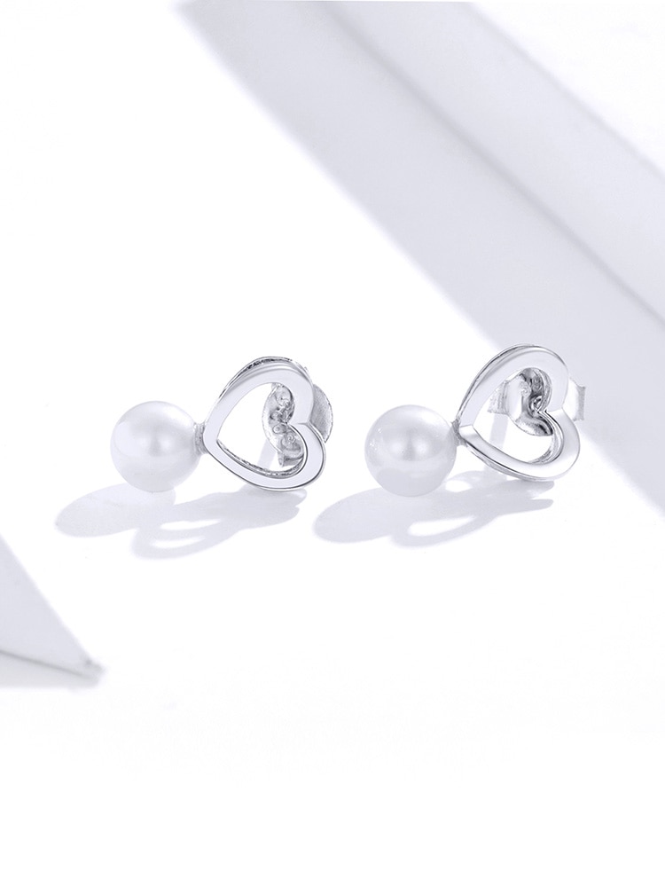 Khuyên Tai BAMOER SCE869 Bạc Thật 925 Hình Trái Tim Đính Ngọc Trai Nhỏ Xinh Thiết Kế Đơn Giản Thời Trang Bijoux Cho Nữ