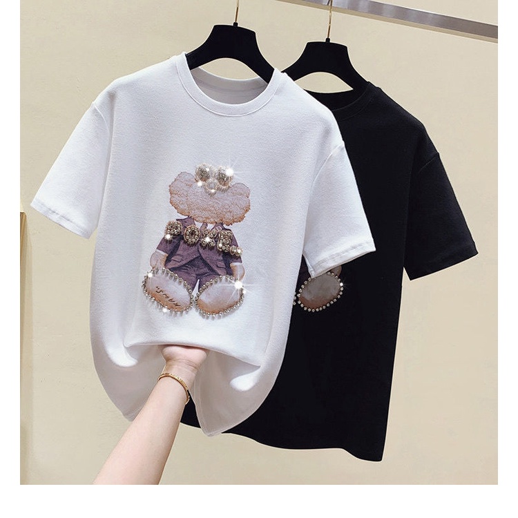 Cotton short-sleeved t-shirt women's foreign style 2022 summer new Korean version loose beaded diamond fashion top trendy ins