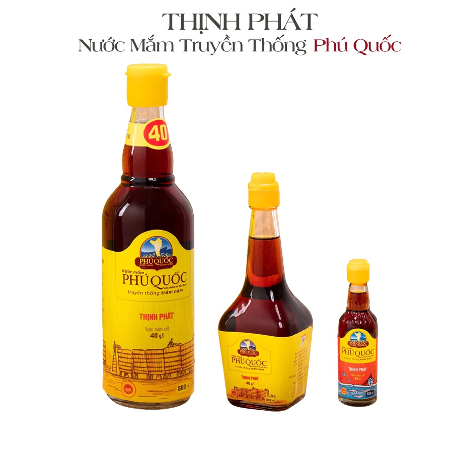 Combo 3 chai nước mắm truyền thống Phú Quốc Thịnh Phá gồm Hồng Ngọc 500ml 40 độ, Phú Quý 50ml 43 độ, Ngọc Bích 200ml 40đ