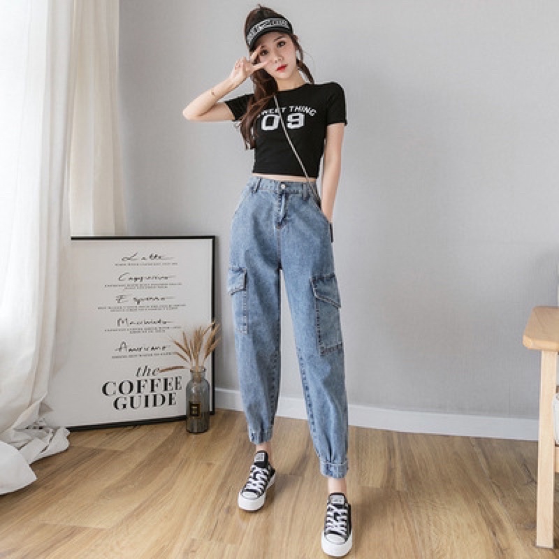 Quần Jeans Nữ, Quần Baggy Jeans Lưng Cao Túi Hộp Ống Bo Túm Jogger Cạp Cao Form Ulzzang Phong Cách Thời Trang