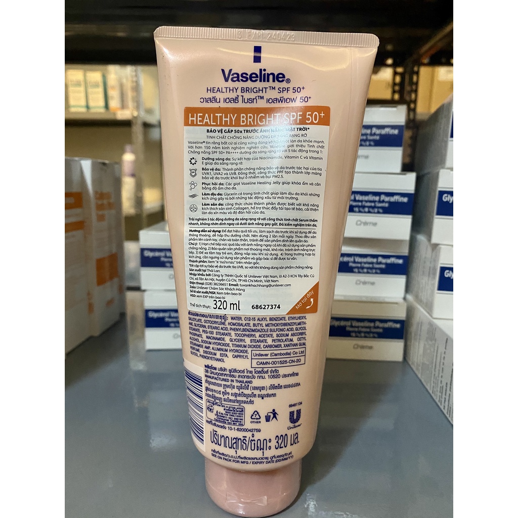 Vaseline- Dưỡng thể trắng da 50X Healthy Bright SPF 50 Sun + Pollition Protection 320 ml