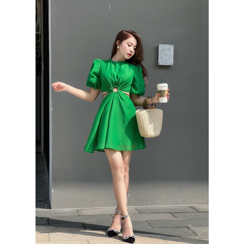 Đầm mini tơ xòe khoét eo sang chảnh thiết kế cao cấp JOVEN, đi biển, đi cafe, dạo phố