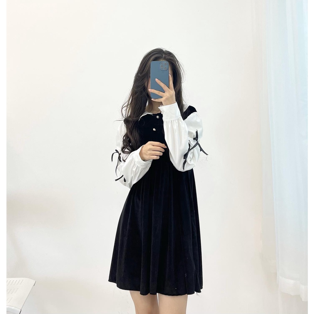 (FREESHIP) Đầm babydoll nhung tay voan nơ Miho house