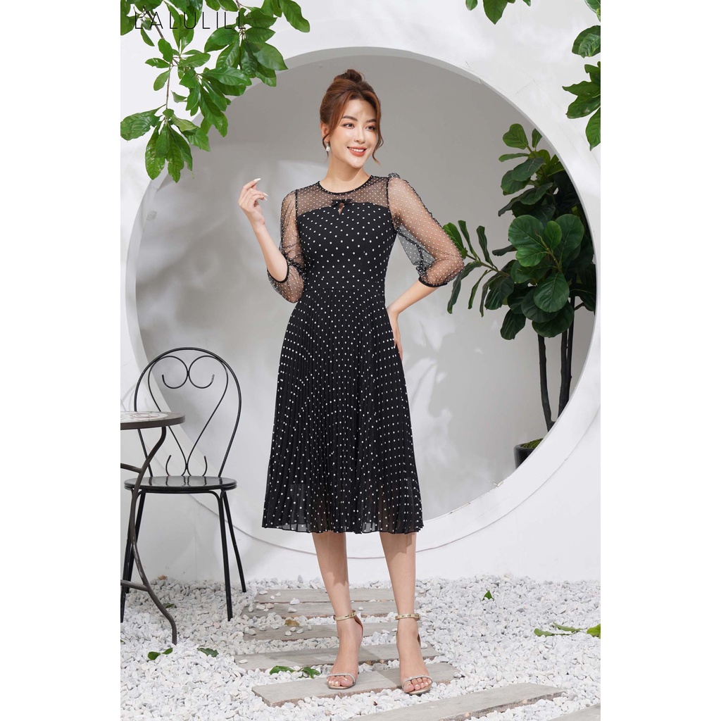 LALULILL - Đầm tay lỡ chân dập ly rẻ quạt chấm bi đen LDL2262102