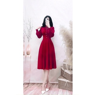 ĐẦM MIDI CỔ TÀU THẮT NƠ PHỐI NÚT [kèm ảnh thật ]