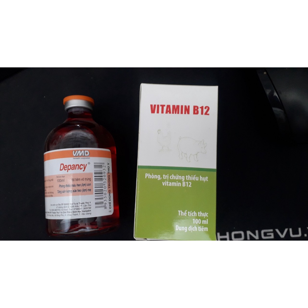 Vitamin B12 100ml, Depancy 100ml. phòng thiếu máu, thiếu sắt trên heo, chó mèo, gà đá. Dùng giải độc cây trồng