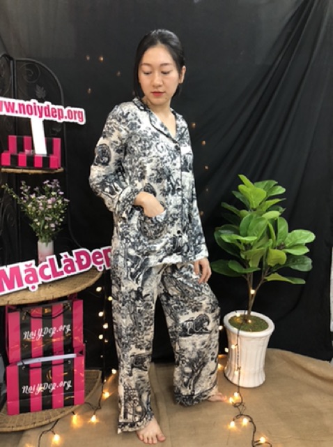 [ Ảnh Thật + Video Thật ] Pijama dài lụa cao cấp họa tiết đen trắng Nội Y Đẹp