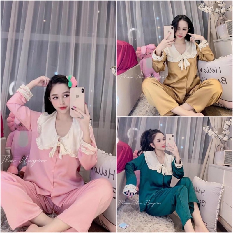 Pijama Lụa Satin Tiểu Thư Cổ Bèo Tay Dài