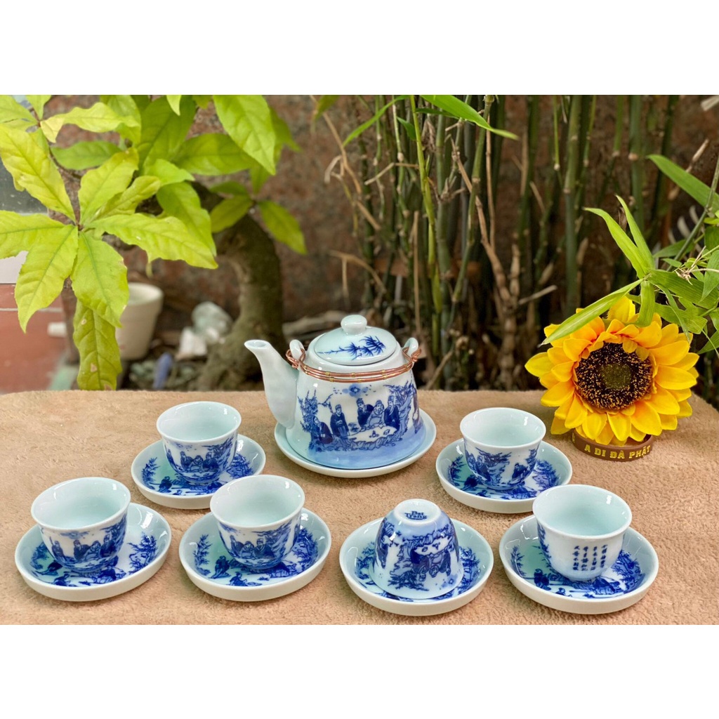 Ấm chén sứ trắng vẽ men lam Nhà Lò Bát Tràng-bộ Trúc Lâm Thất Hiền