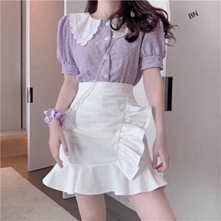 set 3 món áo tím cổ ren + cv và buộc tóc