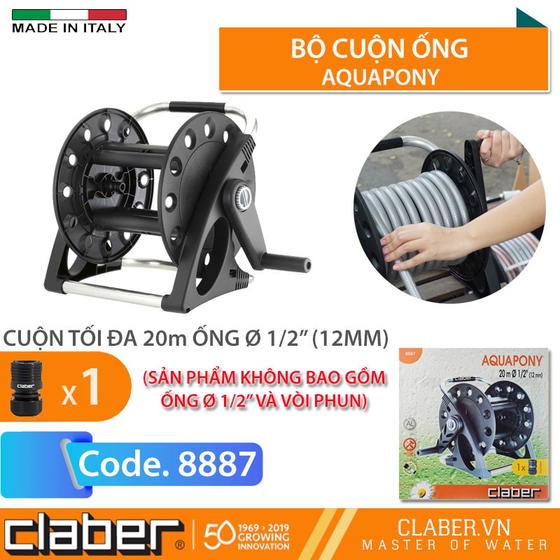 Rulo Cuộn Ống Nước, Bộ Khung Lô Cuốn Dây Claber Aquapony 8887 [Made in Italy], cuốn được 20m ống phi 12mm