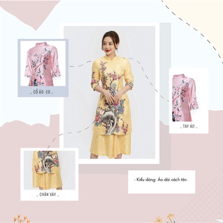 Áo dài cách tân hecci màu cánh sen tay lỡ chất liệu lụa gấm