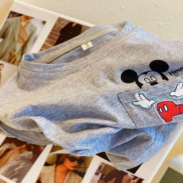 Áo thun mùa hè tay ngắn vải cotton kẻ sọc hình chuột dễ phối đồ cho trẻ em