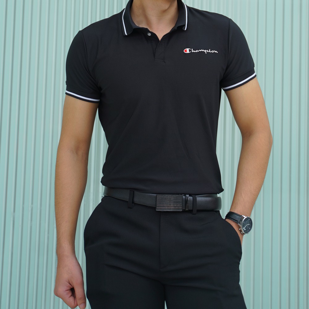 Áo thun nam POLO  thêu chữ Champion cotton lạnh sang trọng đen- Glory A30521DE