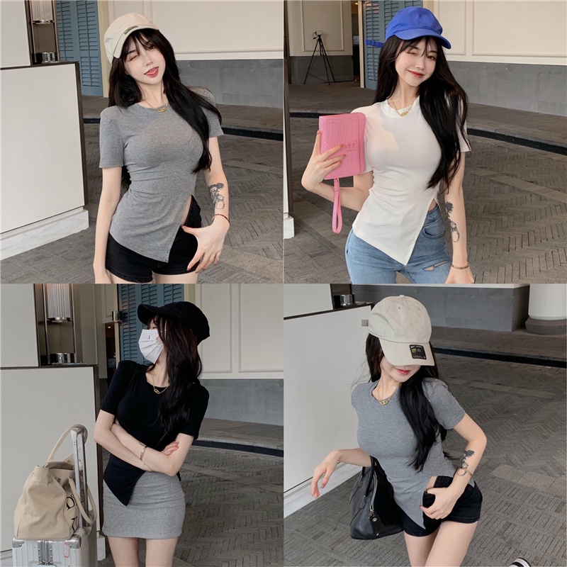 QKOOLE Áo thun  tay ngắn thiết kế xẻ tà độc đáo phong cách Hàn Quốc cho nữ