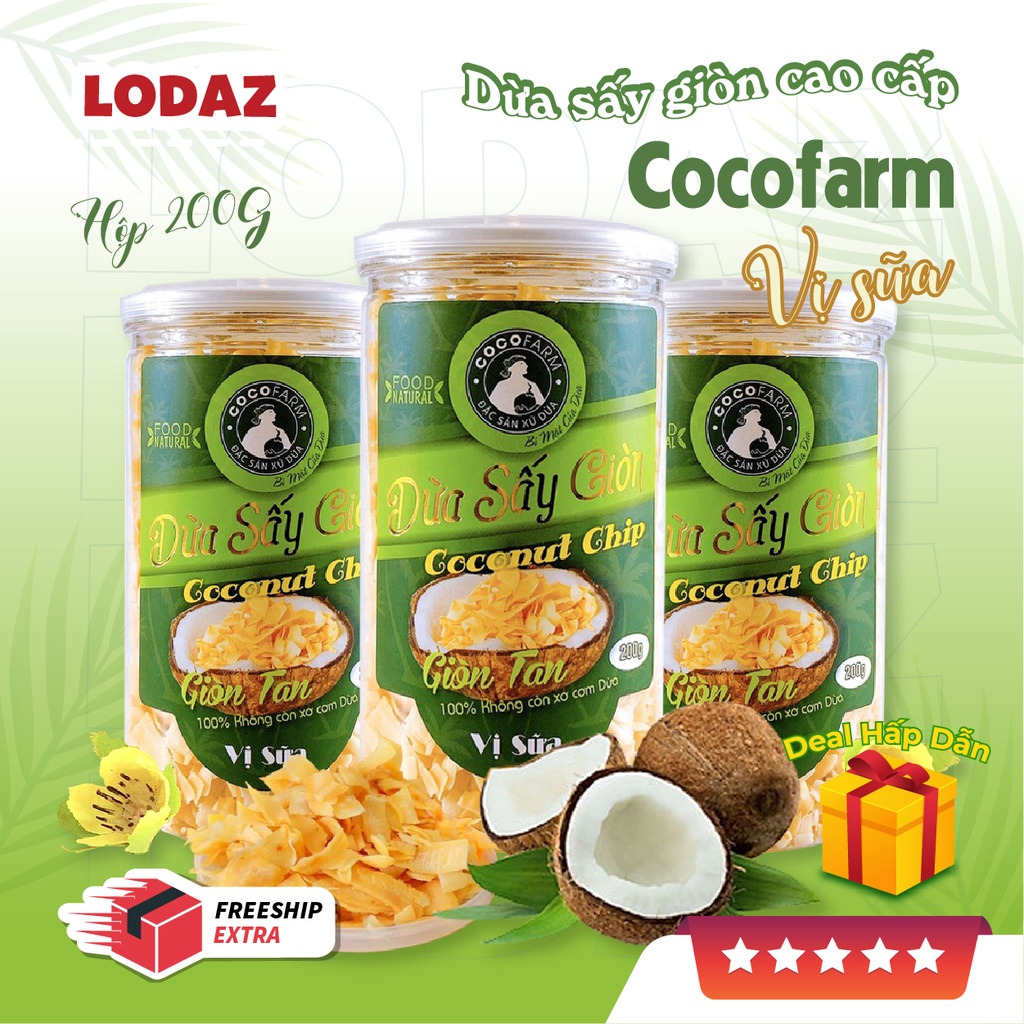 Dừa sấy giòn cao cấp Cocofarm vị sữa, ăn vặt LODAZ siêu ngon tại Hà Nội hộp 200g